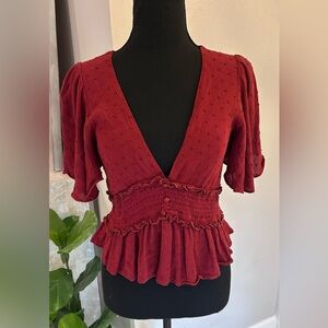 Forever 21 Burgundy Deep V Peplum Blouse